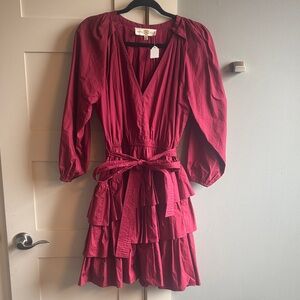Anna Cate small S Tuckernuck maroon tiered 100% cotton dress v neck